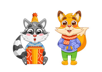 Obraz premium Adorable Cartoon Animals Dressed In Winter Clothes. Vector Raccoon Holds A Bright Gift Box While The Fox Smiles