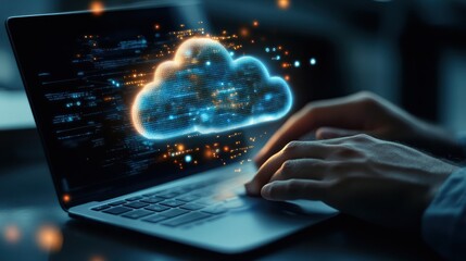 Businessman using laptop with cloud computing icon for digital technology and innovation concept
