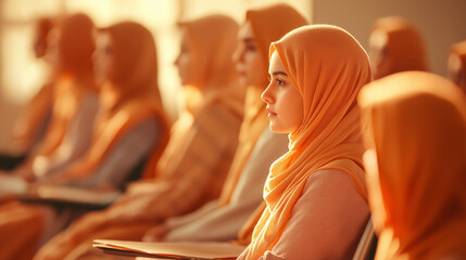 Fototapeta premium A young woman in a hijab sits among other women, listening intently.