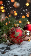 A spectacular Christmas tree decorated with shiny New Year's balls. golden ball with sparkles. Christmas tree branches are covered with artificial snow. festive mood and comfort. spirit of Christmas 