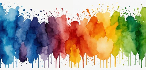 Fototapeta premium A vibrant, watercolor painting features a continuous, watercolor splatter pattern of various colors, with splatters in orange, blue, green, purple, and red, creating a dynamic and energetic effect