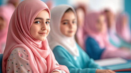 Obraz premium A young girl wearing a pink headscarf smiles in a classroom setting.