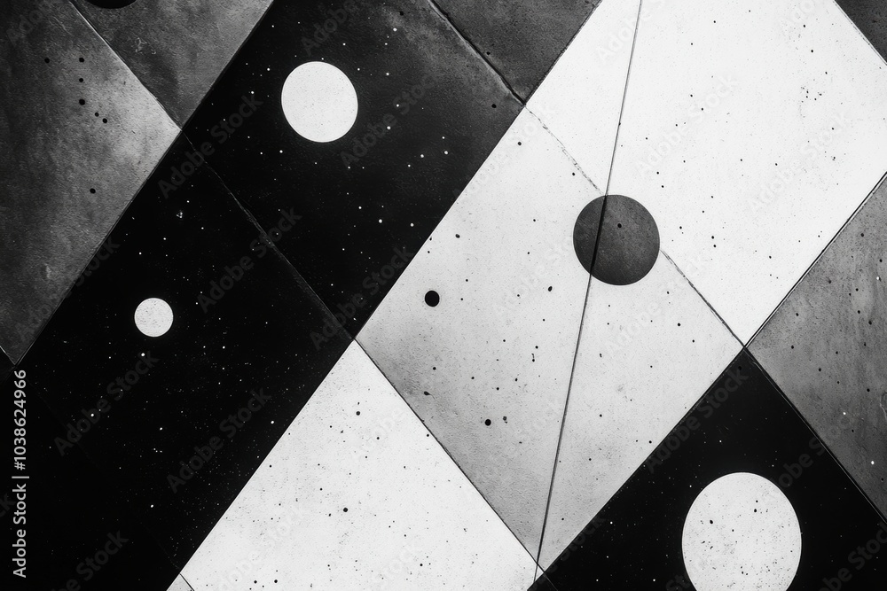Poster A striking arrangement of large and small circles in an abstract geometric pattern set against a contrasting diagonal grid background. Generative AI
