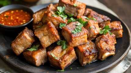 Fototapeta premium Juicy Grilled Meat with Spicy Sauce and Fresh Herbs