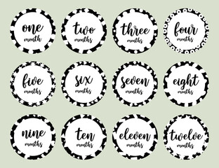 12 months black and white words stickers for the baby. Different geometric patterns. Vector design.