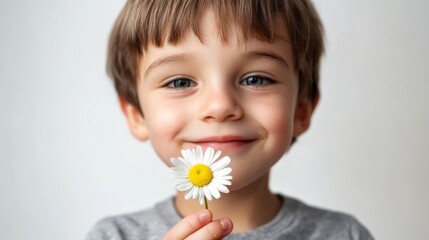 daisy flower on hand of little boy on white background