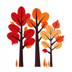 Colorful autumn trees with red and orange leaves on a white background.