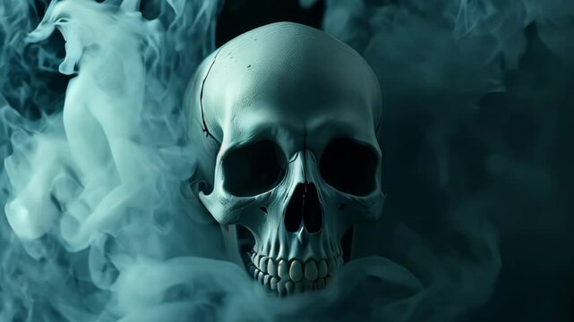 A realistic skull surrounded by blue-tinted smoke on a dark background. Perfect for Halloween, horror, and eerie content.