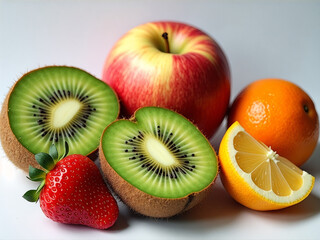 Close up of a variety of fruits including a kiwi, apple, orange