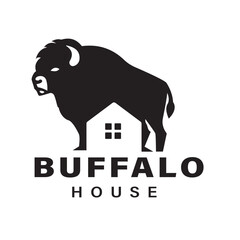 Illustration Logo silhouette of a buffalo with house design vintage retro vector