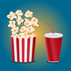 3D bowl full of popcorn and paper glass of drink soda. Popcorn in cardboard box.