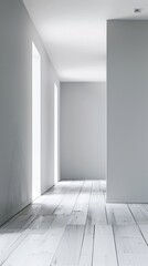 Obraz premium Bright minimalist interior featuring white wooden floors and soft gray walls, illuminated by natural sunlight through tall windows.