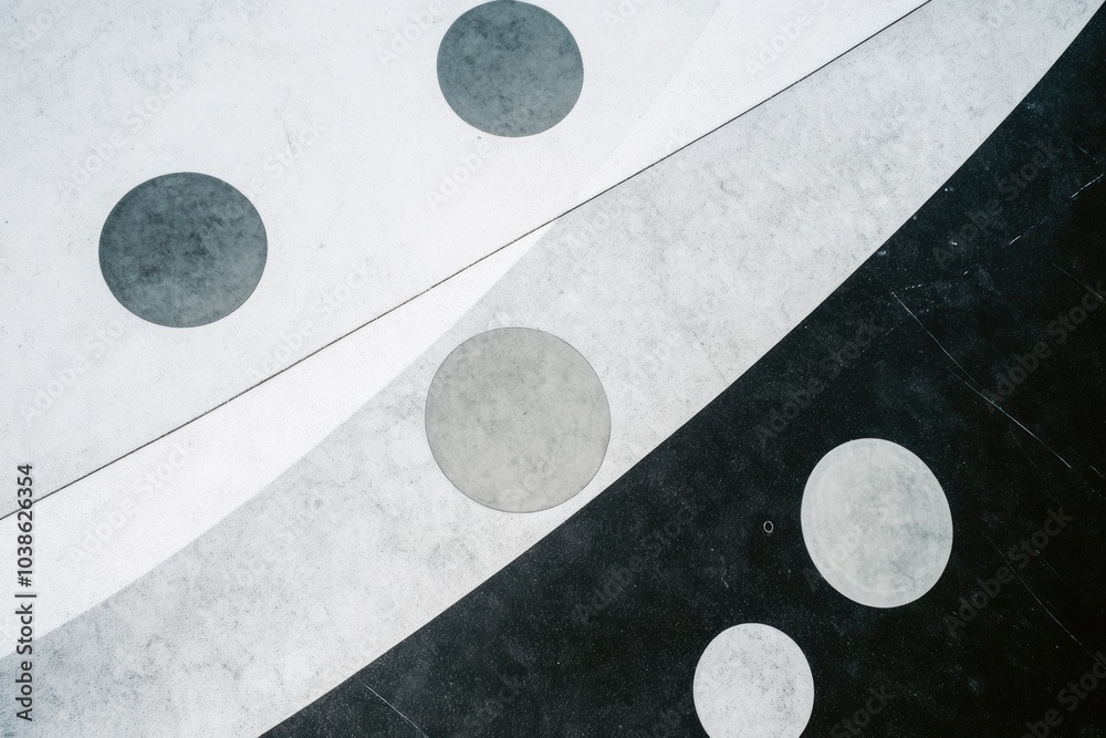 Poster Large and small circles are arranged on a diagonal grid, creating an abstract geometric pattern in shades of black and white. Generative AI