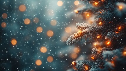 Christmas background. Xmas tree with snow decorated with garland lights, holiday festive background. 
