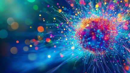 Fototapeta premium A colorful image shows a cancer cell made of bright, glowing dots. The blue background suggests medical testing and treatment for cancer.