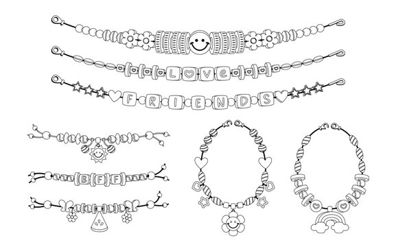 Collection Of Beaded Bracelets Showcasing Friendship And Love Feature Elements Like Stars Hearts Smile Faces, Vector Set