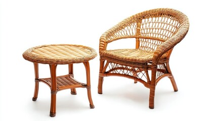 Fototapeta premium A wicker lounge chair and matching table, isolated on a white background, perfect for product listings.