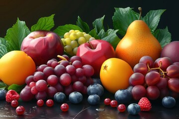 Assortment of fresh fruits and berries with leaves against a dark background

