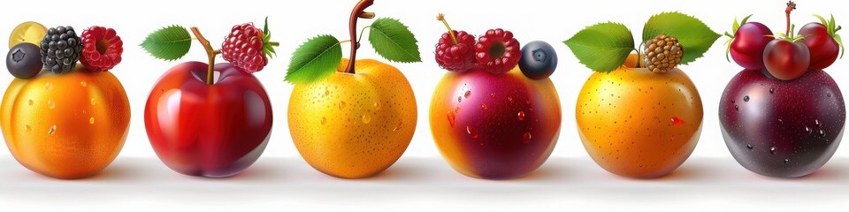 Assorted fruits topped with berries arranged in a row on a white background
