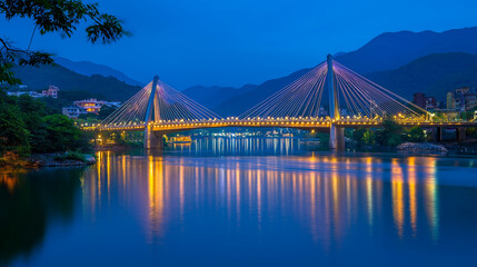 Obraz premium a beautifully lit suspension bridge spanning a calm body of water at night. The bridge's lights reflect off the water, creating a captivating display