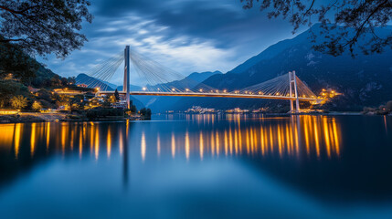 Obraz premium a beautifully lit suspension bridge spanning a calm body of water at night. The bridge's lights reflect off the water, creating a captivating display