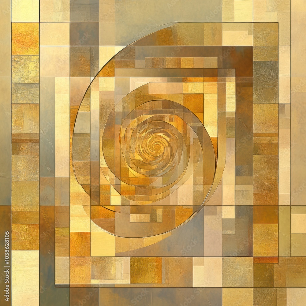 Aufkleber an intricate design features a golden spiral interlaced with various squares and rectangles, showcas