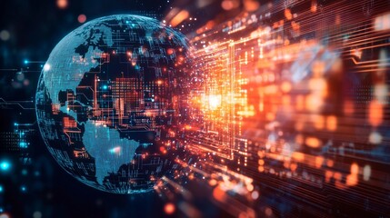 Obraz premium A digital image showing a spinning globe, a circuit board, and a graph. This image represents the connections between technology, globalization, and business.
