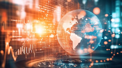 A digital image showing a spinning globe, a circuit board, and a graph. This image represents the connections between technology, globalization, and business.
