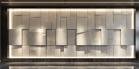 Obraz premium Abstract geometric wall art with soft lighting, creating a modern and sophisticated ambiance in a contemporary interior space.
