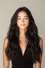 Naklejka premium A Beautiful Young Woman with Long Wavy Hair Posing Confidently in a Studio Portrait