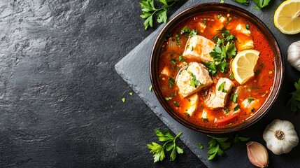 Bouillabaisse in a ceramic bowl, placed on a slate background, with lemon wedges, garlic, and scattered parsley leaves around