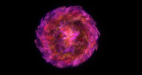 Spinning whirlpool of multi-colored red particles in a dark space, zoom in. Acceleration and slow motion of cloud glowing dots. Abstraction, backdrop, 3D render