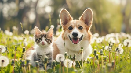 Cute Dog and Cat in a Field of Dandelions