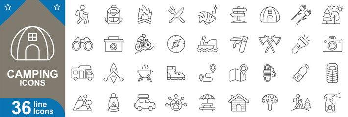Camping flat icons set. Vector illustration of 40 editable stroke line icons including tent, campfire, backpack, hiking, compass, lantern, nature, adventure gear, and More.