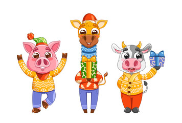 Cartoon Animals Pig Giraffe And Cow Characters In Colorful Winter Clothes Celebrating Christmas With Joyful Expression