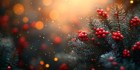Christmas background. Xmas tree with snow decorated with garland lights, holiday festive background. 