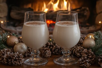 Cozy eggnog by the fireplace surrounded by festive decorations. Generative AI