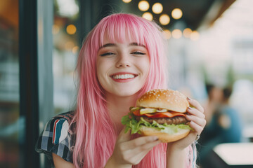 Young Pretty pink-haired girl at outdoors holding a burger