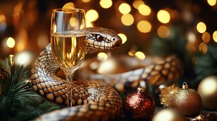 wooden snake figurine, wooden snake figurine wrapped around champagne glass amid festive New Year decorations and sparkling lights in close-up image