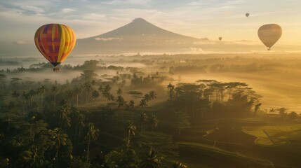 Obraz premium Hot Air Balloons Soaring Over Misty Mountain