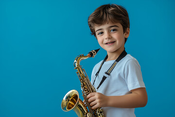 Fototapeta premium Little boy over isolated colorful background playing the saxophone
