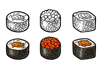 Three type set sushi. Roll ikura with caviar, salmon, rice. Isolated on white background. Vintage black monochrome vector engraving