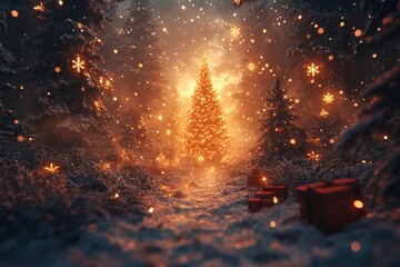 Christmas background. Xmas tree with snow decorated with garland lights, holiday festive background. 