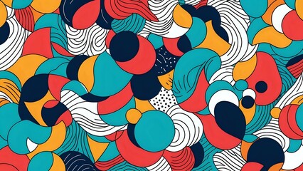 Fototapeta premium Abstract colorful geometric seamless pattern with circles, lines, and stripes.