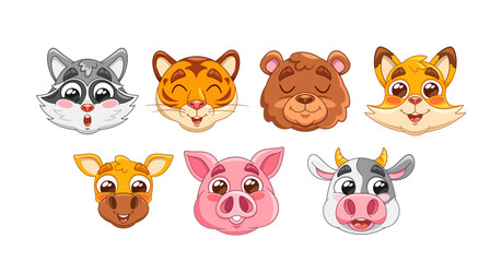 Cute Cartoon Animal Faces Set. Adorable Characters Including Bear, Raccoon, Tiger, Fox, Cow, Pig And Giraffe Isolated