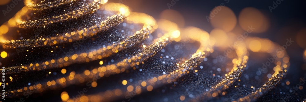 Poster shimmering lines create a beautiful silhouette of a christmas tree, blending golden and silver hues 