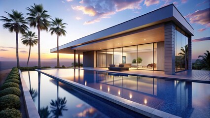 Modern architecture seamlessly blending with the natural landscape, featuring a tranquil pool reflecting the serene sunset sky.