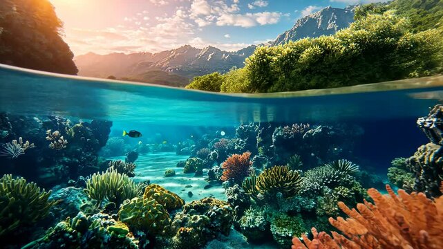 A split-level image shows a coral reef in the foreground, with diverse coral formations and several fish swimming by