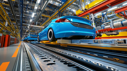 Obraz premium Blue Car Moving On Conveyor Belt In Modern Automotive Factory