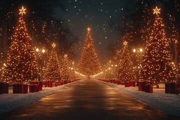 Christmas background. Xmas tree with snow decorated with garland lights, holiday festive background. 